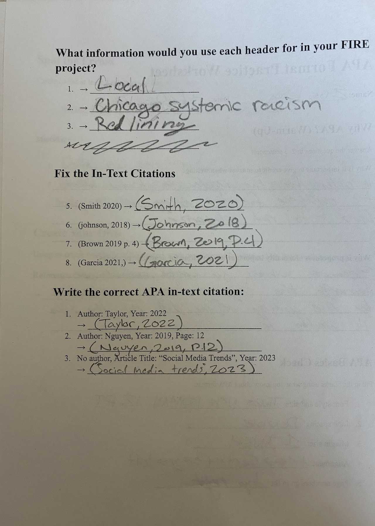 APA Format Practice Worksheet, page 2, handwritten